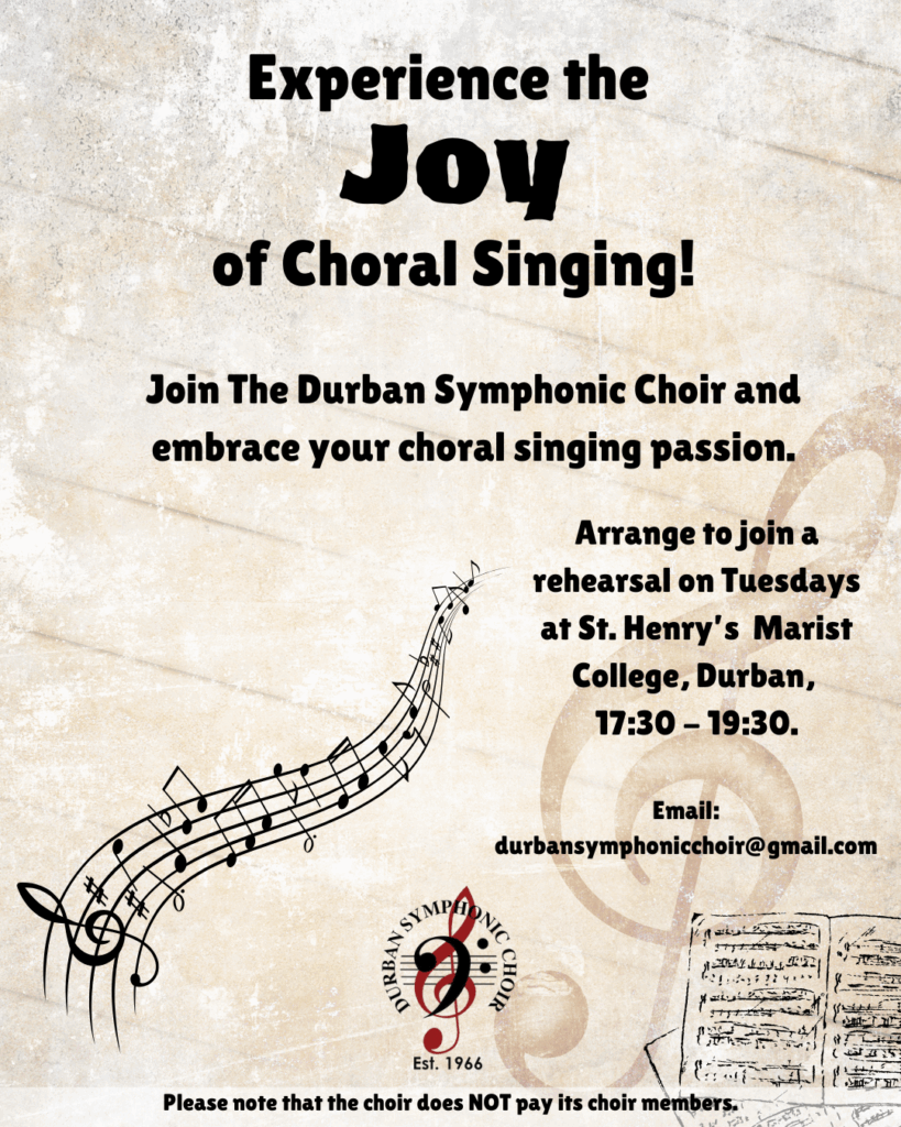 A poster to rediscover your voice with the Durban Symphonic choir.